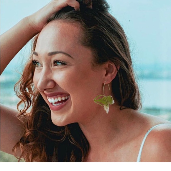 Bohemian Green Fern Butterfly Earrings Gold - Picture 3 of 7